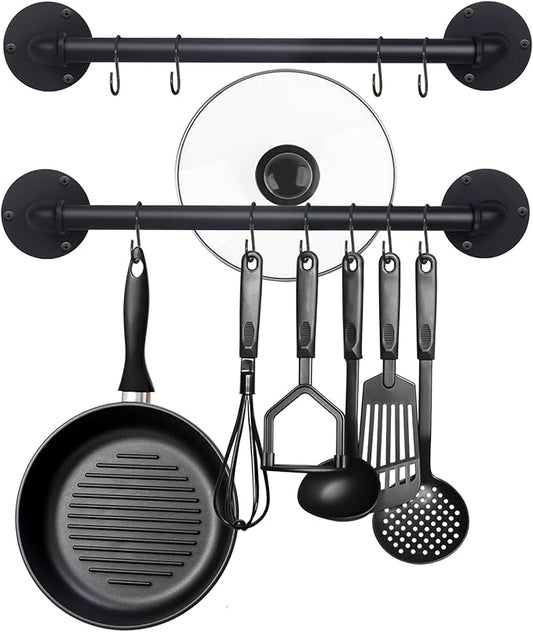 Aduanbang 21'' Wall Mounted Pot & Pan Rack (Set of 2) – Industrial Iron Pipe Kitchen Hanging Rail with 10 S Hooks for Utensils, Pots, and Pans Organization