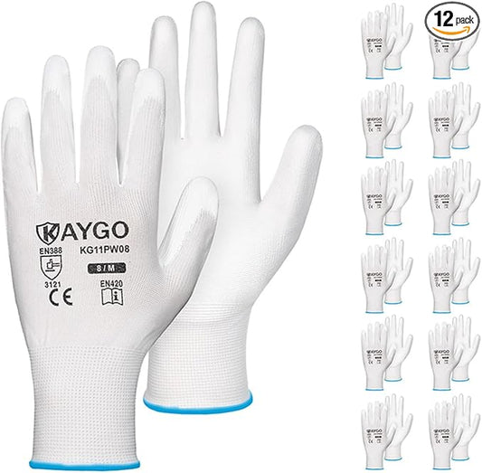 KAYGO Work Gloves for Men and Women, 12 Pairs Seamless Knit PU Coated Safety Gloves, with Smooth Grip on Palm and Fingers, Ideal for Light Warehouse, Manufacturing, Gardening, KG11P (M, White)