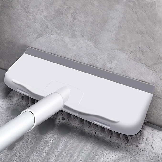 Floor Scrub Brush with Squeegee Long Handle Hard Bristles 2-in-1 Bathroom and Tile Cleaning Scrubbing Brush for Shower and Floor Maintenance