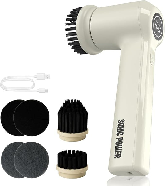 Electric Spin Scrubber – Handheld & Ergonomic, IPX7 Waterproof, 4 Multi-Purpose Brush Heads, Long-Lasting Rechargeable Battery – Cleans Dishes, Bathroom, Tile, Grout & Kitchen (Beige)