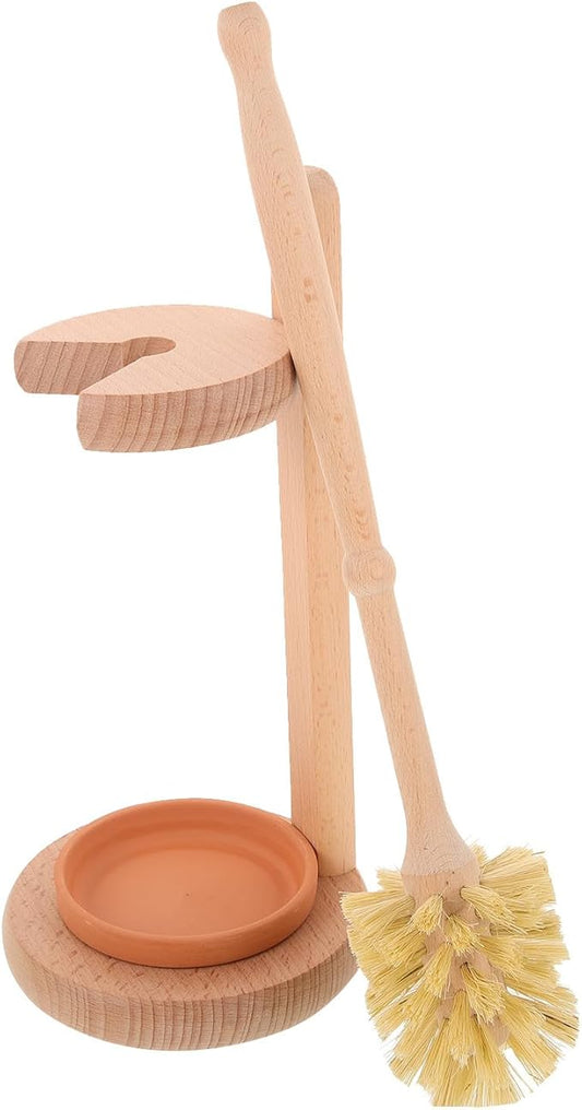 Angoily Toilet Brush and Holder Set with Ceramic and German Beechwood Base, Long Handle Bathroom Toilet Scrubber Cleaner for Household Bathroom Cleaning Tools
