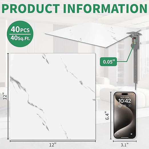 40 Pack Cover 40 Sq.Ft Peel and Stick Floor Tiles, 12” x 12” Self Adhesive Vinyl Flooring Easy DIY Installation for Kitchen, Living Room, Laundry, RV, Matte White Vein Marble