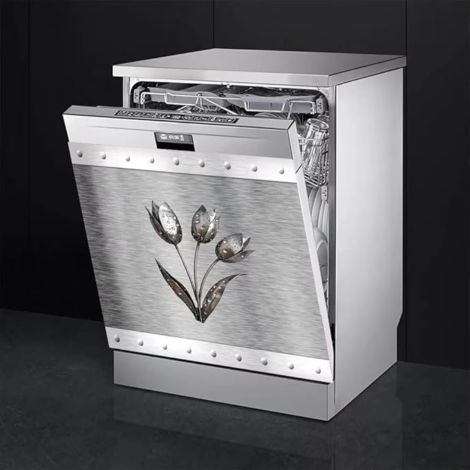 Artificial Metal Effect Dishwasher Cover Magnet Kitchen Decor, Stainless Steel Flower Effect Dishwasher Magnet Cover Front Door Panel Decal, Refrigerator Magnetic Decals 23'' W x 26'' H