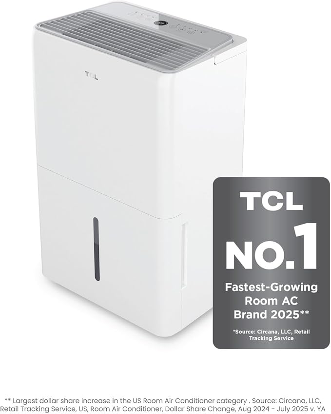 TCL 4,500 Sq. Ft. Smart Dehumidifier, Energy Star, 50 Pints Per Day, Moisture & Humidity Absorber for Bedroom, Bathroom, Basement & Other Rooms, Works with Alexa/Google Assistant