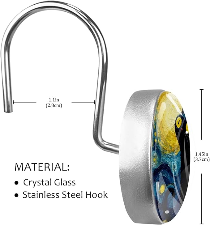 12 Packs Abstract Starry Sky Cat Shower Curtain Hooks, Stainless Steel Glass Shower Curtain Rings for Bathroom Decor, Metal Rustproof Curtain Rod Hooks