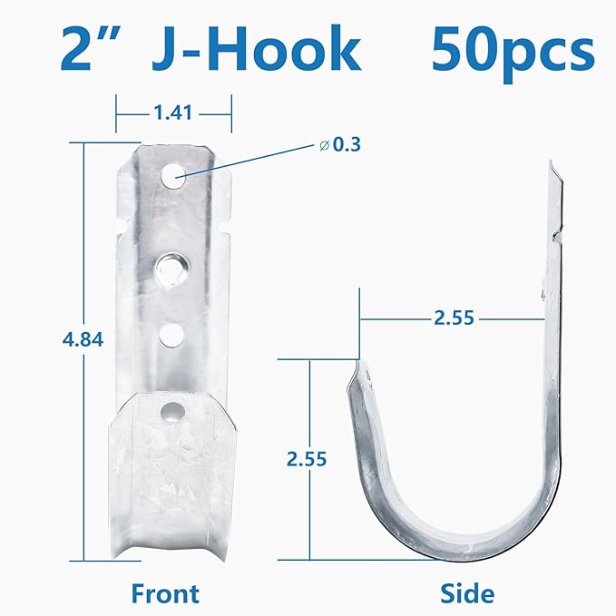 SIHAI (50 Packs 2” Inch J-Hooks, UL Certified Heavy-Duty Cable Support Hooks for Hanging CAT6/6A, Fiber Cable Management and Low Voltage Wiring