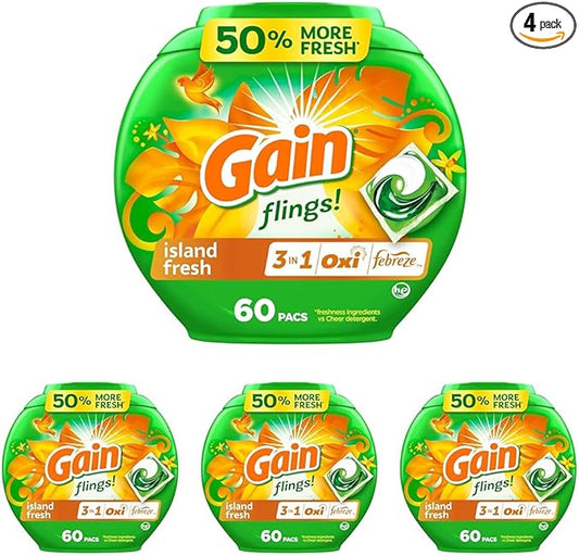 Gain Flings Laundry Detergent Pacs, 60 Count, Island Fresh Scent, with Odor Defense, concentrated laundry soap pacs (Pack of 4)
