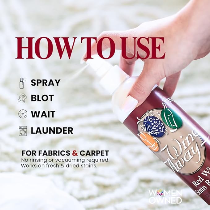 Wine Away Red Wine Stain Remover Spray - Natural Carpet and Upholstery Spot Cleaner - Effectively Removes Blood, Clothes, Coffee, & Pet Stains - Best on Both Fresh & Dried Stains - 12 Oz - Pack of 3