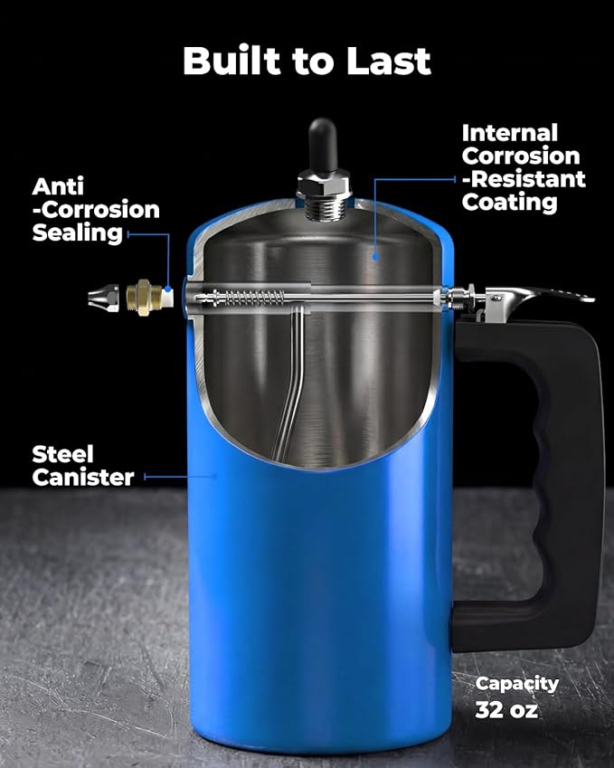 toolant 32oz Refillable Pressurized Sprayer, Steel Canister, Rust-Resistant Lining, Needle Valve Leak-Resistant, 1.0/0.6mm Nozzles, Funnel Included, 200 PSI Max, for Brake Cleaner & Solvents, Blue
