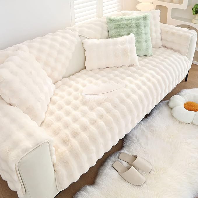 Soft Warm Faux Fur Couch Sofa Cover Thick Shaggy Fuzzy Sectional Couch Cover Non-Slip Solid Color Plush Sofa Slipcover Furniture Protector for Kids, Pets (Cream,36"x36")