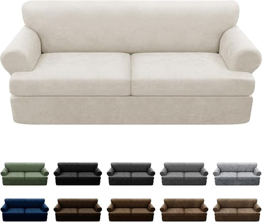 3-Pieces T Cushion Sofa Slipcovers Leather Look Couch Cover for 2 Cushion Couch Furniture Protector Stretch Sofa Cover with 2 Individual T Cushion Seat Covers Washable, Beige