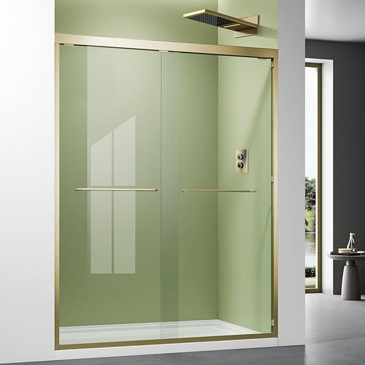 Brushed Gold Glass Shower Door,45~48" W x 72" H Semi-Frameless Glass Door,1/4'' SGCC Tempered Clear Glass Door with Stainless Steel Handles,Reversible Easy Installation Sliding Doors for Bathroom