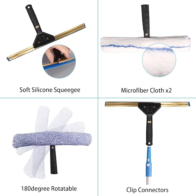 Window Cleaning Kit,Window Washing Kit with 4.13Ft Extension Pole,Window Cleaner Tool with 4 Stage Telescoping Pole, A Silicone Scraper and 2X Microfiber Scrubber Sleeves