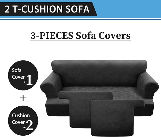 3-Piece T Cushion Sofa Slipcover - Leather Look Couch Cover for 2-Cushion Furniture - Stretch Protector With 2 Individual Seat Covers, Washable, Dark Grey