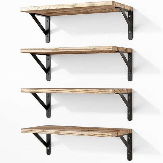 Fixwal Floating Shelves for Wall, Wood Wall Mounted Shelves for Bedroom, Bathroom, Living Room, Kitchen Storage and Decor(Rustic Brown, Set of 4, 16.5 Inch)