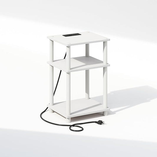 Furinno JUST Night Stand, 3-Tier Turn-N-Tube Nightstand with Charging Station, Bedside Table, End Table, Side Table with USB and Type-C Charging Port, for Bedroom, Living Room, White