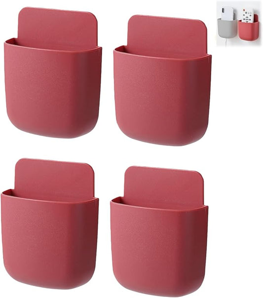 4-Pack Adhesive Wall Organizer, Multipurpose Stick-on Storage Box for Remote Phone Pen Keys, for Kitchen Bathroom Office (4 Colors) (Red)