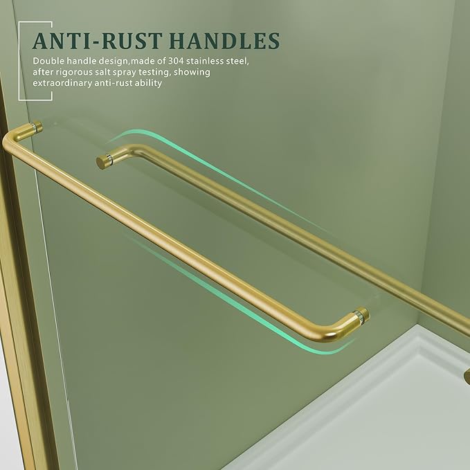 Brushed Gold 50-54'' x 72'' Semi-Frameless Glass Shower Door,Bathroom Sliding Door with 1/4'' Clear Tempered Glass,Stainless Steel Hardware Double Handles Reversible Easy Installation Bypass Doors