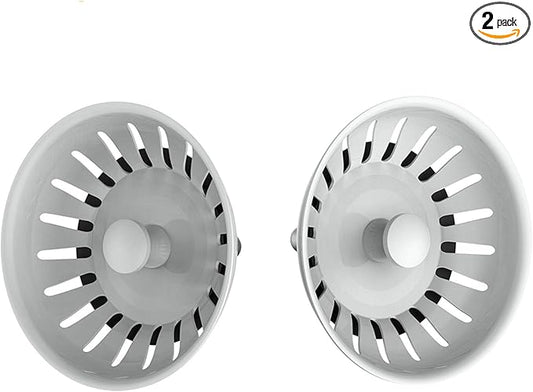 KANARY Stainless Steel Kitchen Sink Strainer Basket-Replacement for Standard Drains-Ball-Lock Rubber Stopper (2-Pack, White)
