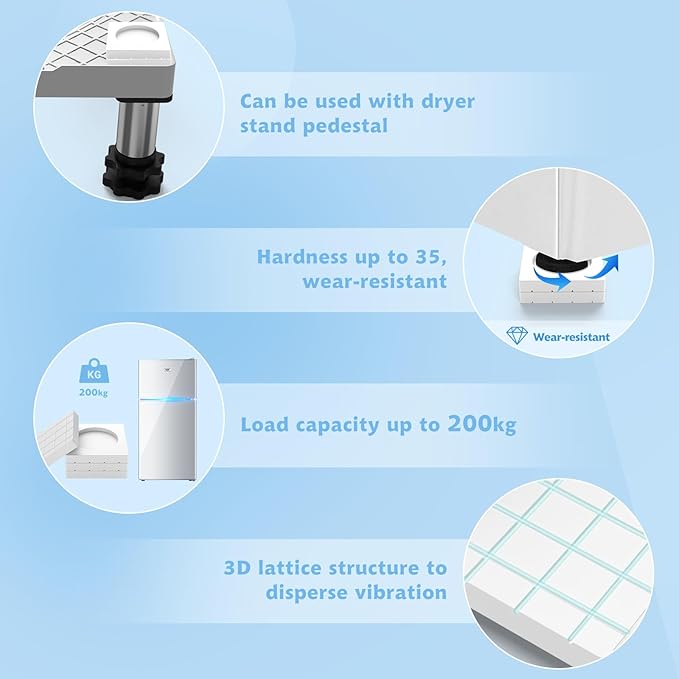 SEISSO Anti Vibration Pads, Anti Walk & Anti Shaking Washer Vibration Pads, Noise Reducing Anti Vibration Mat for Washing Machine with Strong Grip Washer and Dryer Rubber Foot Pads - 8PCS, White