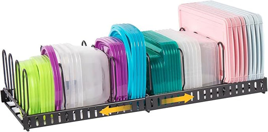 Expandable Food Container Lid Organizer,Large Capacity Adjustable 8 Dividers Detachable Lid Organizer Rack for Cabinets, Cupboards, Pantry Shelves, Drawers Keep Kitchen Tidy,Black 10.2”wide,3.6 Pound.
