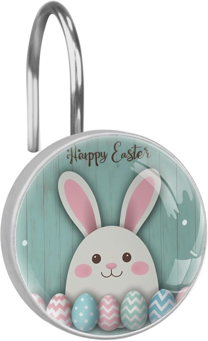 Rural Teal and Easter Bunny Crystal Glass Shower Curtain Hooks for Bathroom Shower Rod, 12Pcs Round Home Decorative Shower Curtain Rings, Bathroom Bedroom Living Room Accessories