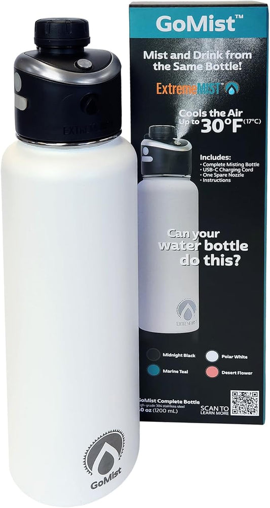 GoMist Misting & Drinking Bottle | Rechargeable Mist & Sip Water Bottle | Quick Charge USB-C Port | 2-Speed Mist Function | Stainless-Steel Double Wall Insulation, 40 oz (Polar White)