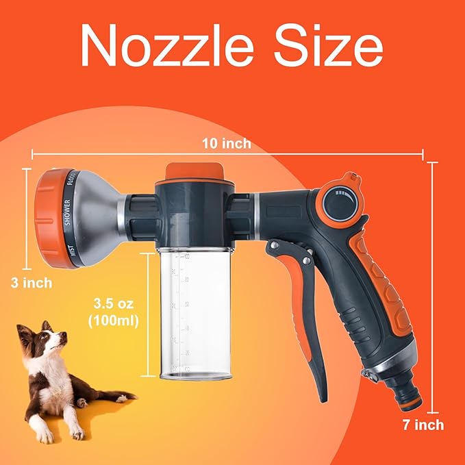 Dog Washing Hose Attachment, 8-in-1 Sprayer Hose Nozzle with Soap Dispenser for Dog Showering, Watering Flowers, Car Washing (Nozzle Only)