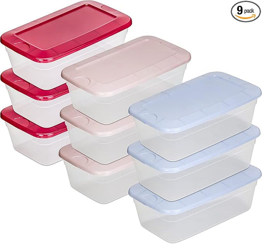DecorRack 9 Clear Plastic Storage Containers, Shoe Boxes 6 Quart, Stackable, Closet Storage Box, Perfect for Toy Storage, Cat and Dog Food Containers, Assorted Colors (9 Pack)