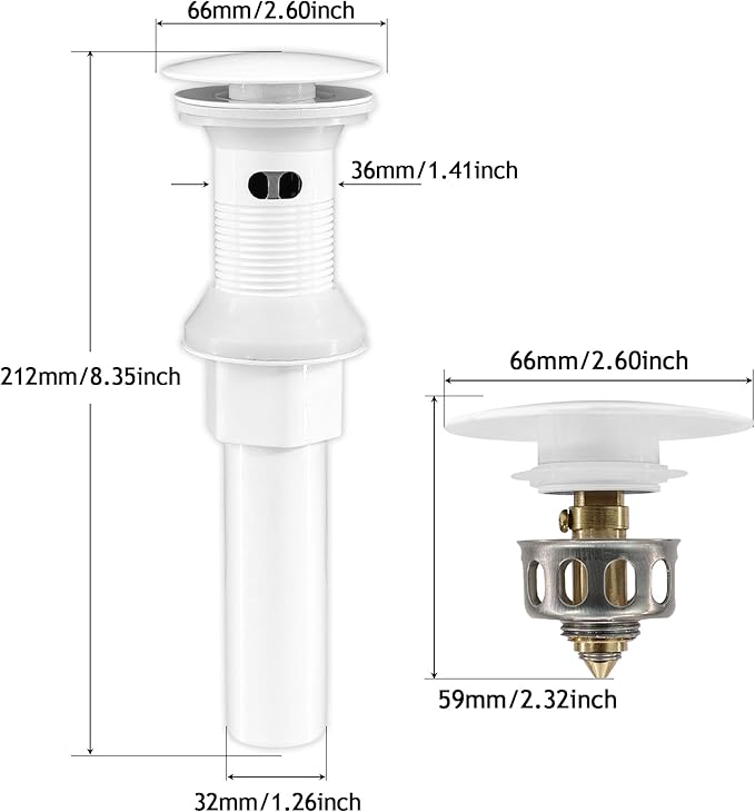Bathroom Sink Drain,Drain Stopper Bathroom Sink with Overflow,Pop Up Drain Assembly with Detachable Strainer Basket,Built-in Anti-Clogging, Stainless Steel Nut White