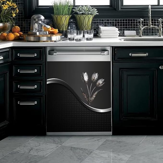 Stainless Steel Flowers Dishwasher Magnet Cover Decor, Metal Floral Dishwashing Sticker Magnetic, Kitchen Fridge Door Magnet Cover Black (23" x 26" Magnetic)