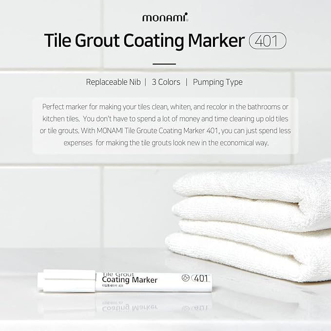MONAMI Tile Grout Coating Marker 401, Chisel Tip (1.5~4mm), Repair Marker with Replaceable Nib Tips to Restore Grout Lines, Grey, 1 Marker + 2 Extra Tips