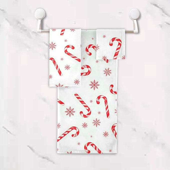 Pfrewn Christmas Winter Towels Set of 3 Red Candy Cane Snowflakes Bathroom Towel Soft Absorbent Bath Hand Towels Washcloth Guest Towel Sets Xmas Holiday Decor