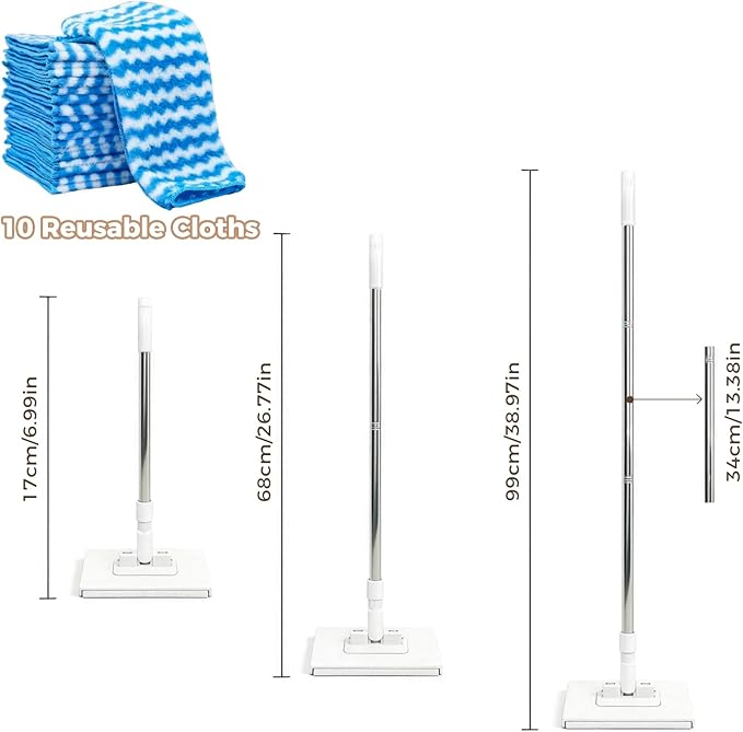 Mini Mop, Zero Touch No Wash Lazy Mop with One-Click Cloth Change, Compatible with Face Towels, Adjustable for Wet/Dry Floors, Tile, Hardwood, Corners (10 Reusable Cloths)