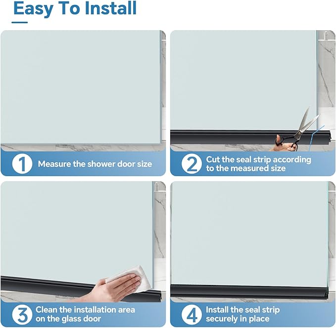Shower Door Bottom Seal Strip, 2PCS Seal Strip, Clear PVC, 36" Length, Fits 12mm Thick Glass, Prevents Leaks, Easy Installation, No Adhesive Required (Black, 36in for 1/2"(12mm) Door)