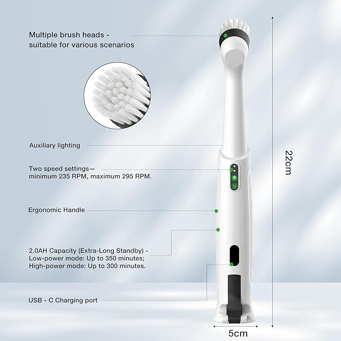 Electric Spin Scrubber Rechargeable Waterproof - 5 Powerful Cleaning Brush Heads for Various Scenarios, Specifically Designed for Tile Grout Lines, Tile Surfaces, Corners, and Crevices