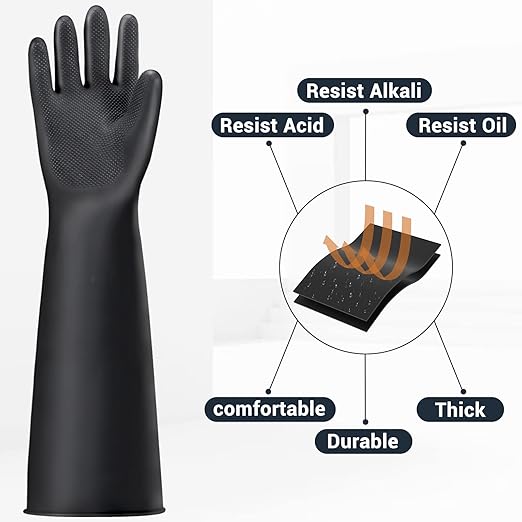 Thick Chemical Resistant Rubber Gloves, 3 Pairs 22" Black Safety Work Gloves, Waterproof Cleaning Protective Heavy Duty Gloves, Acid/Alkali/Oil Resistant Gloves with Non-Slip Diamond Grip