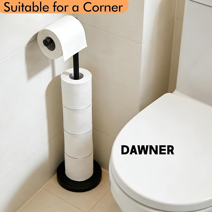 DAWNER 24" Black Toilet Paper Holder Free Standing, Stainless Steel Rustproof Toilet Paper Stand with Storage, Stable Heavy Weighted Flat Base for Apartment, Bathroom, Kitchen, Matte Black Finish