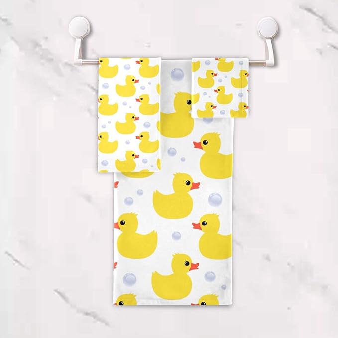 3 Piece Yellow Ducks Bath Towel Set,Microfiber Decorative Vintage Cute Animal Duck Bubbles Pattern Themed Bathroom Towels,1 Bath Towel 1 Hand Towel for Bathroom Kitchen,1 Washcloth for Face