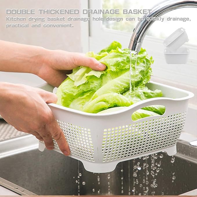 Double-layer Draining Basket Plastic Fruits Vegetable Washing Basket Food Storage Basket Multi-layer Stackable Vegetable Sinks Wash Drain Basket for Kitchen （Grey）