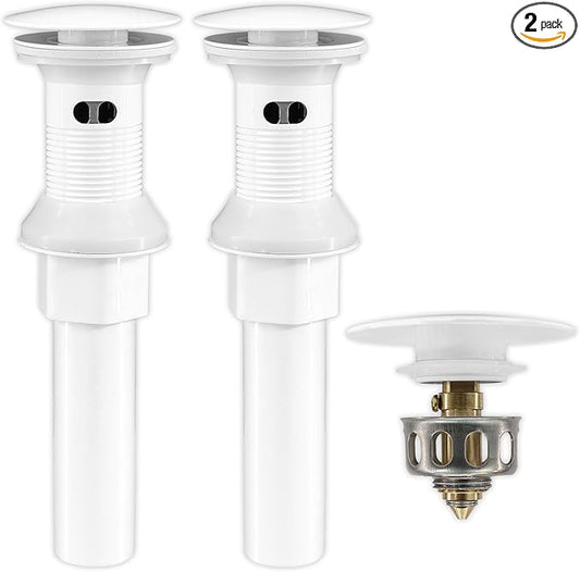 Bathroom Sink Drain,2 Pack White Drain Stopper Bathroom Sink With Overflow,Pop Up Drain Assembly with Detachable Strainer Basket,Built-in Anti-Clogging, Stainless Steel Nut