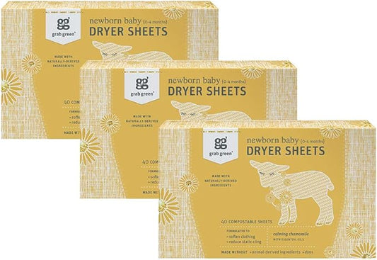 Grab Green Newborn Baby Dryer Sheets - Natural Scent Booster and Fabric Softener to Reduce Wrinkles and Static (Calming Chamomile Scent, 120 Sheets Total)