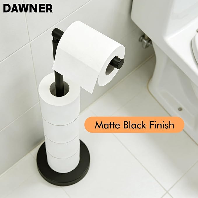 DAWNER 24" Black Toilet Paper Holder Free Standing, Stainless Steel Rustproof Toilet Paper Stand with Storage, Stable Heavy Weighted Flat Base for Apartment, Bathroom, Kitchen, Matte Black Finish