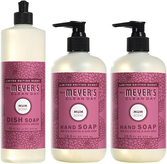 Mrs. MEYER'S CLEAN DAY Variety, 2 Liquid Hand Soap 12.5 OZ, 1 Liquid Dish Soap, 16 FL OZ (Mum)