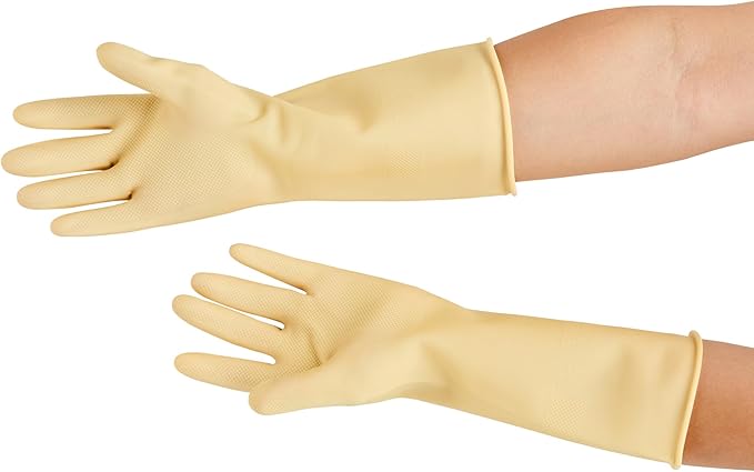 Restaurantware-Clean Tek Professional 22 Mil Medium Cleaning Gloves, 10 Pairs Of Long Cuff Gloves - No-Slip Grip, No-Powder, Yellow Latex Gloves For Kitchen Cleaning, Ideal For Washing Dishes