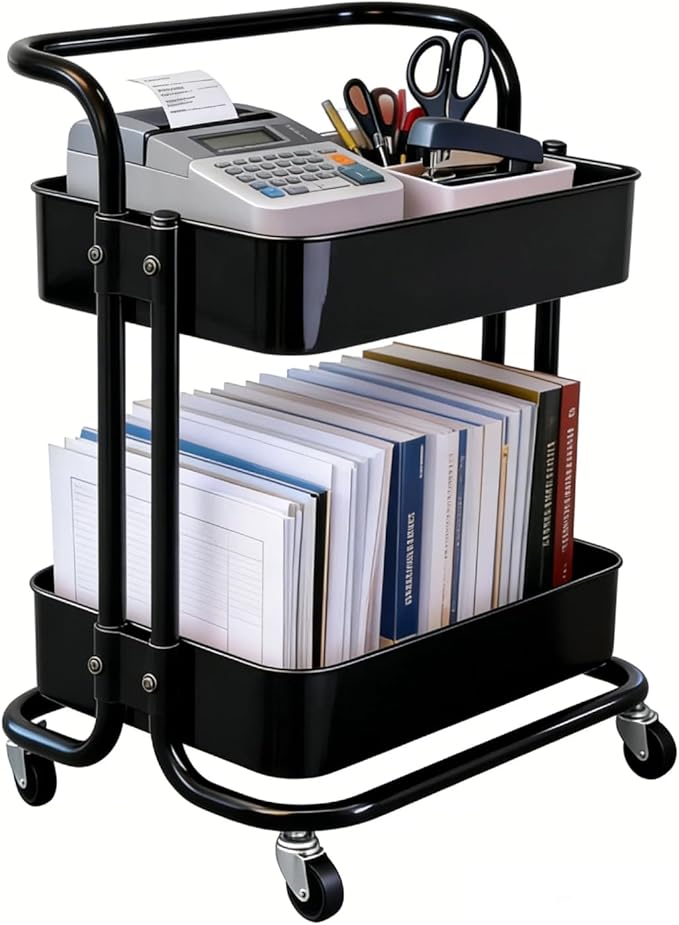 2 Tier Rolling Utility Cart with Wheels All-Metal Short Pantry Cart Under Desk Storage Trolley with Handle, Small Rolling Storage Shelf for Small Space Kitchen Laundry Room Bathroom, Black