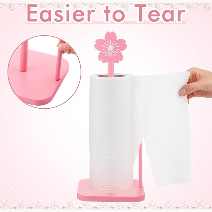 Leinuosen Pink Cherry Blossoms Paper Towel Holder Cute Bow Wooden Paper Towel Holder Pink Bathroom Countertop Accessories Kitchen Roll Stand Organizer Standing Apartment Decor Housewarming Gift