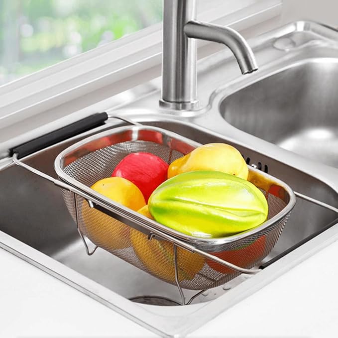 4qt Stainless Steel Oval Strainer Basket Colander, Over The Sink Colander Fine Mesh Expandable, Colander For Kitchen Sink, Vegetables, Strain, Drain, Rinse Fruits (6 Quart Strainer Basket)