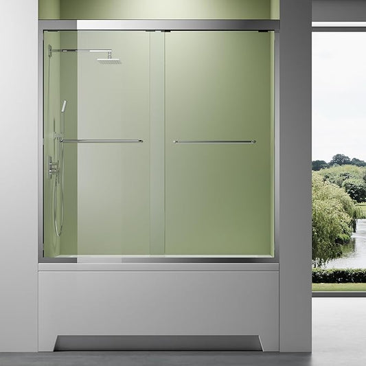 Chrome 56"-60" x 57" Adjustable SGCC/ANSI Certified Tempered Glass Shower Door for Bathtub,Leak-Proof Sliding Reversible Design Tub Door for DIY-Friendly Remodel with Stainless Steel Handles