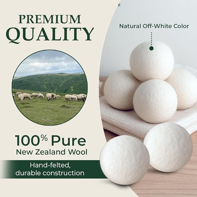 Premium XL Wool Dryer Balls - 6 - Pack 100% New Zealand Wool, Reusable Fabric Softener for 1000+ Loads | Eco-Friendly and Chemical-Free | Reduces Wrinkles and Drying Time - White
